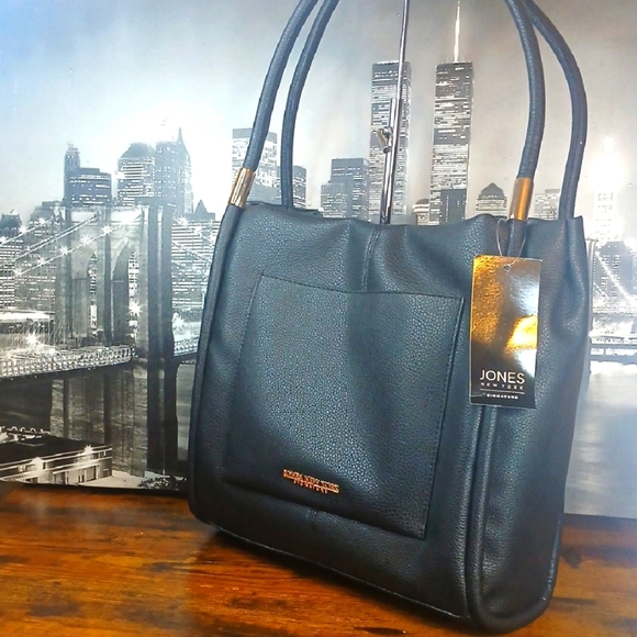 NEW! TAGS! JONES NY Black Leather Tote Bag - Picture 1 of 10